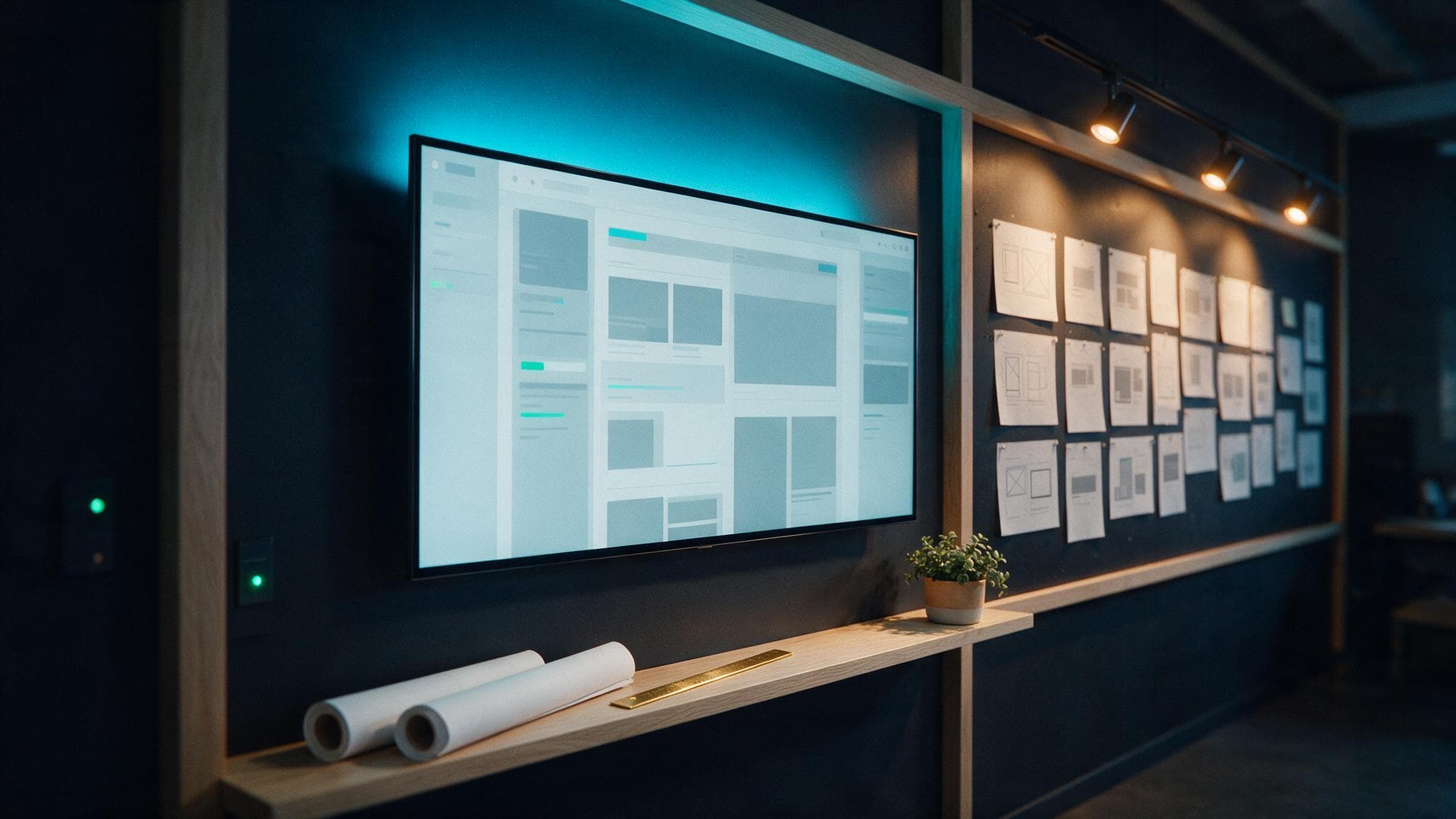 A build under review on the studio wall screen, an empty chair in front of it