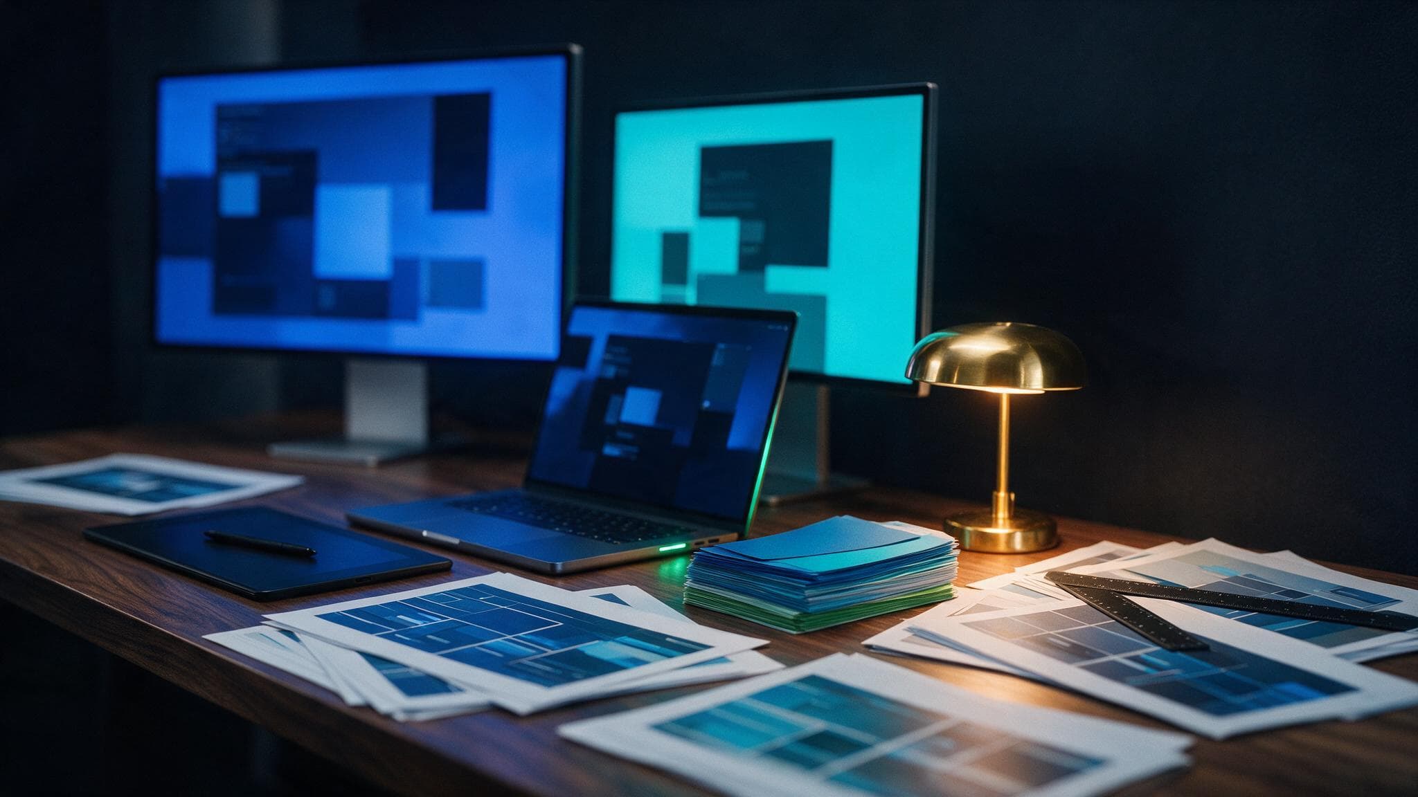 The studio work table at dusk, a laptop open on a build, lit by a single pendant lamp