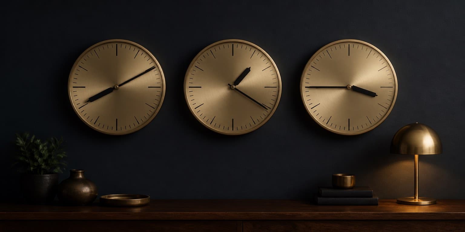 Three studio wall clocks showing different times across our delivery regions