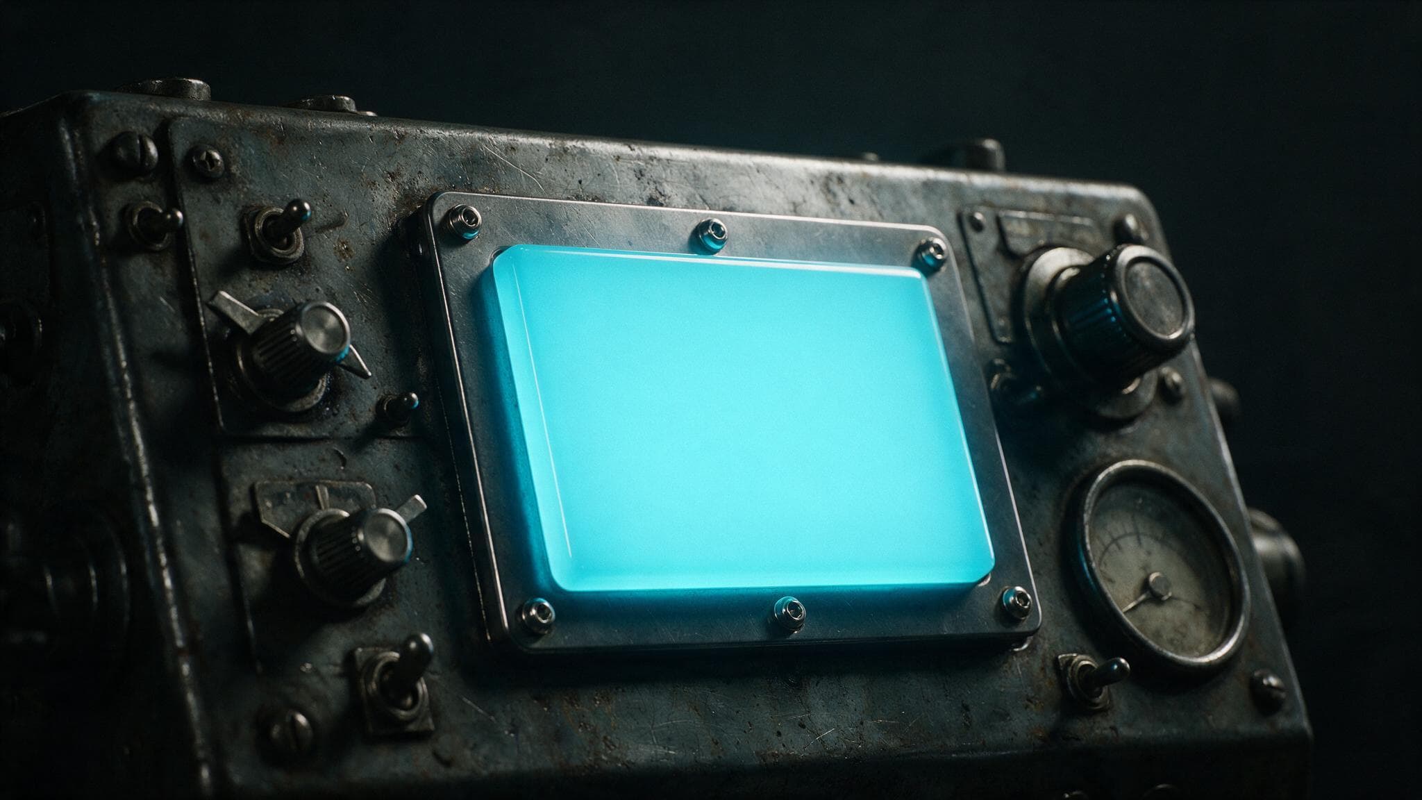A brand new glowing panel screwed onto the front of an old worn industrial control box