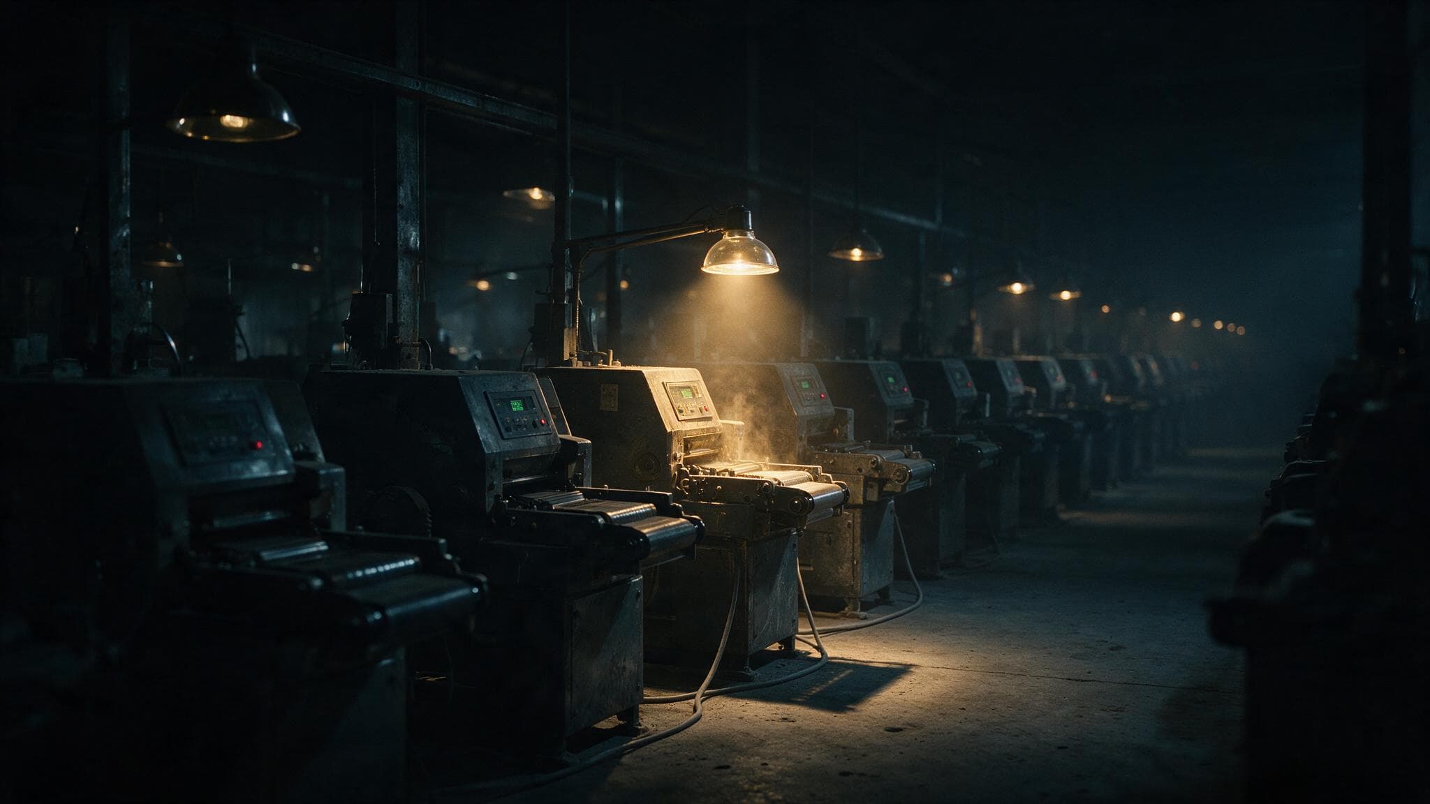 A long row of dark dormant machine stations with a single one lit and running under a focused lamp