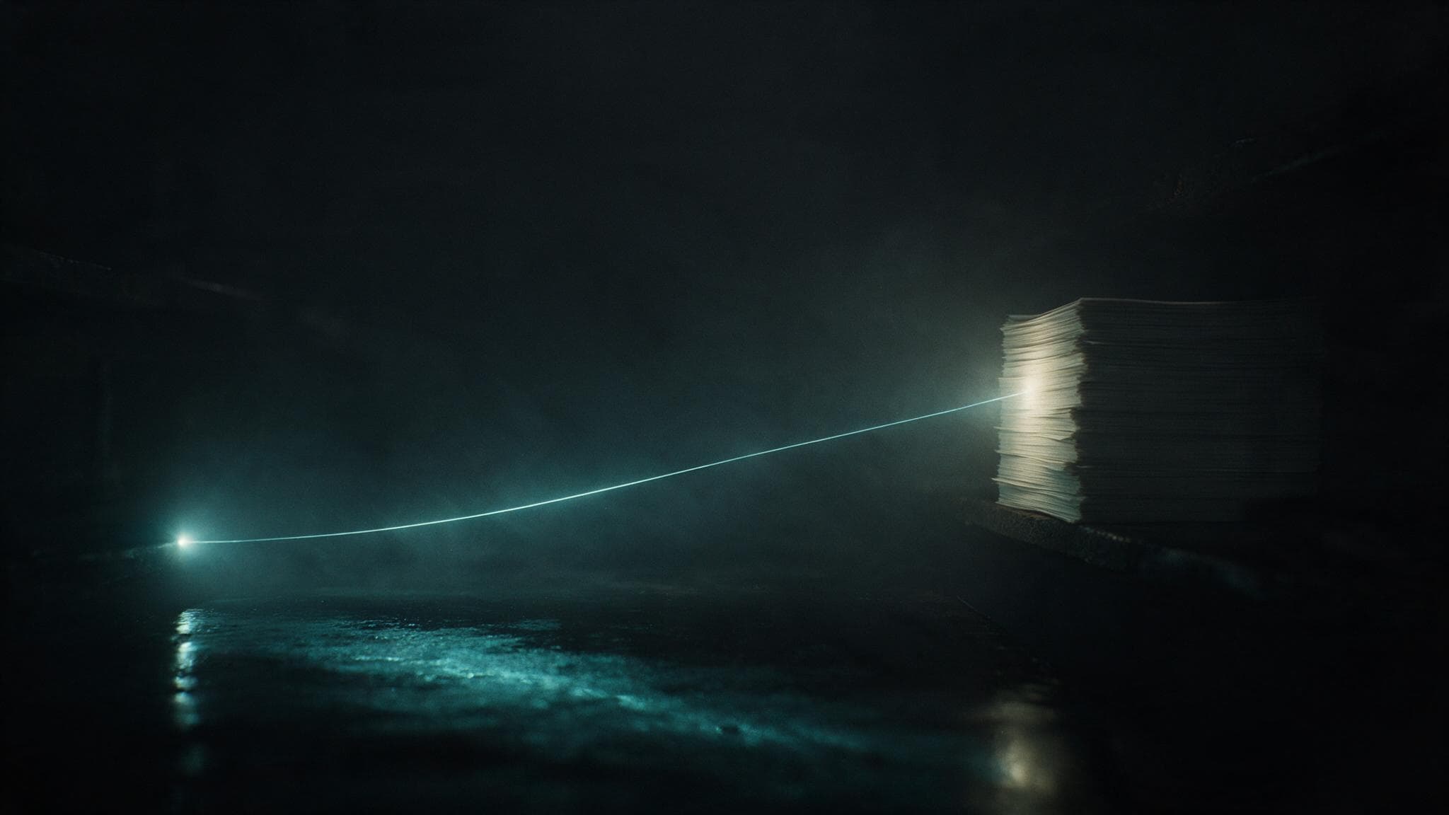 A thread of cool light running across a dark surface to a stack of plain paper