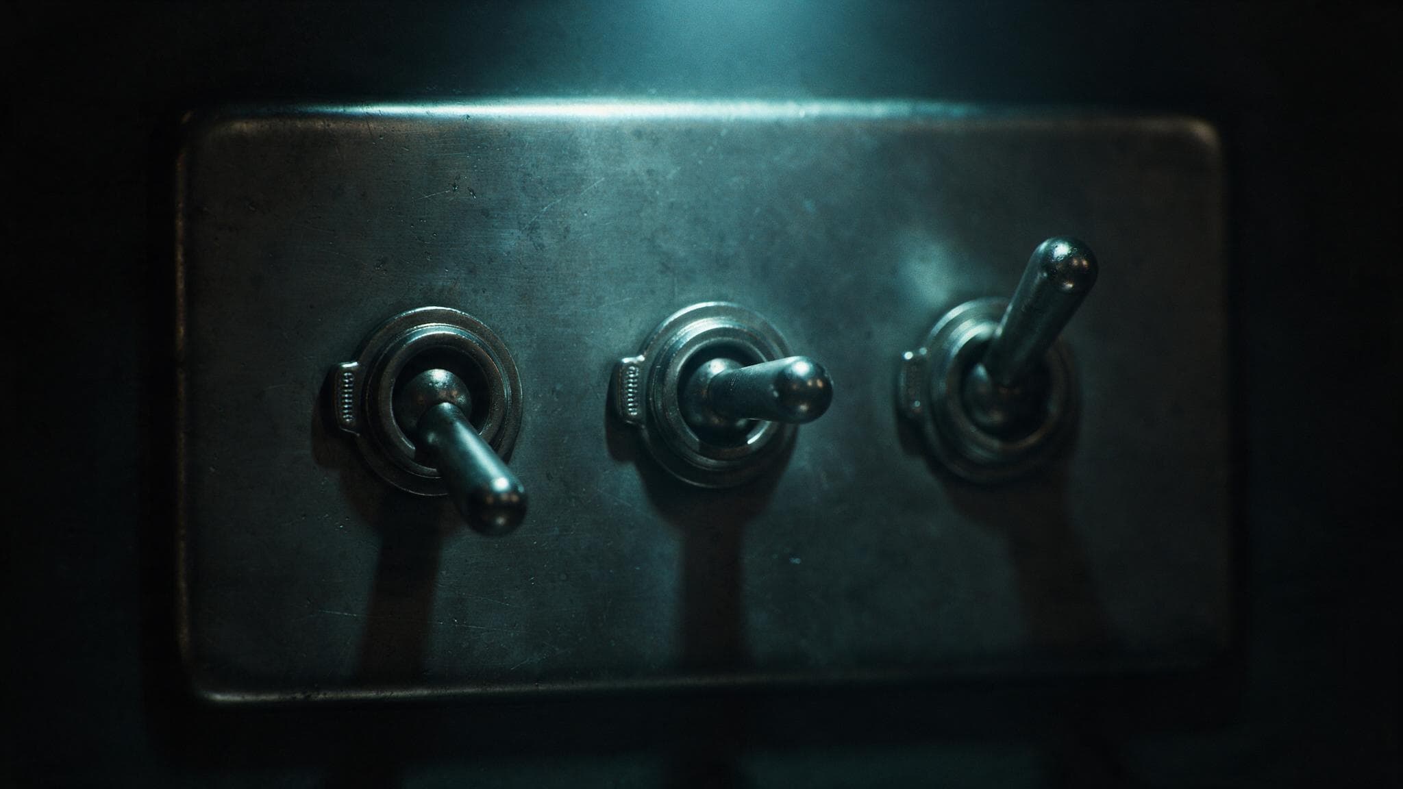Three identical unlabelled toggle switches in a row on a worn steel plate, each in a different position