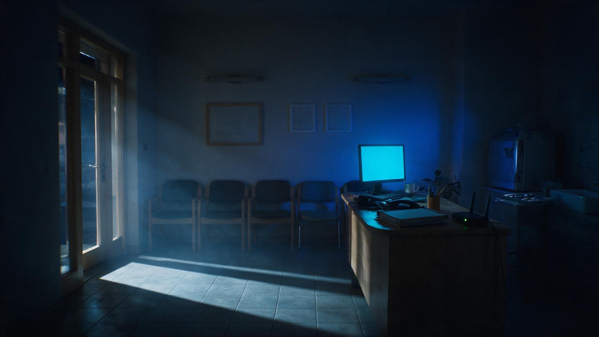 An empty small clinic reception at night, chairs neatly arranged, the front door slightly open, one monitor glowing on the desk