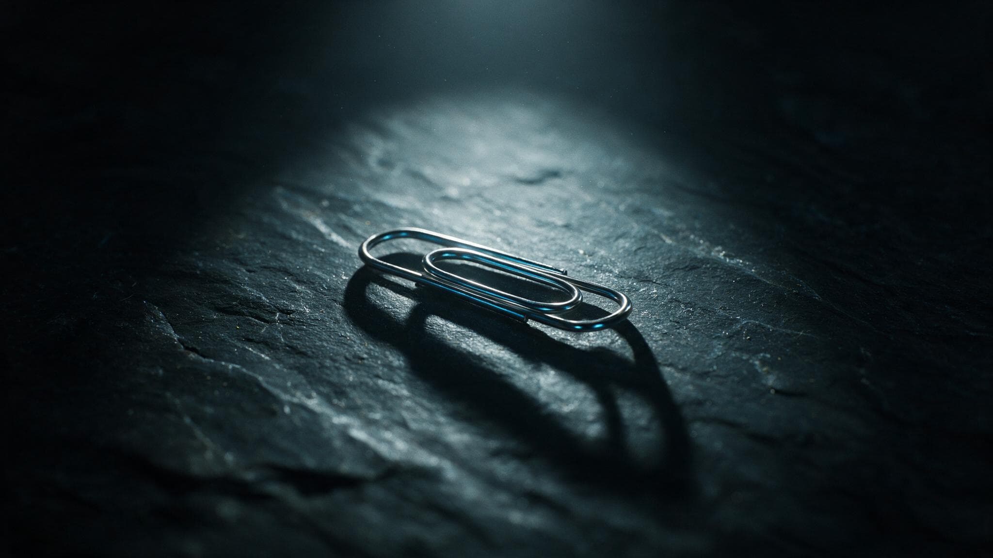 A single paperclip under a tight spotlight on dark slate
