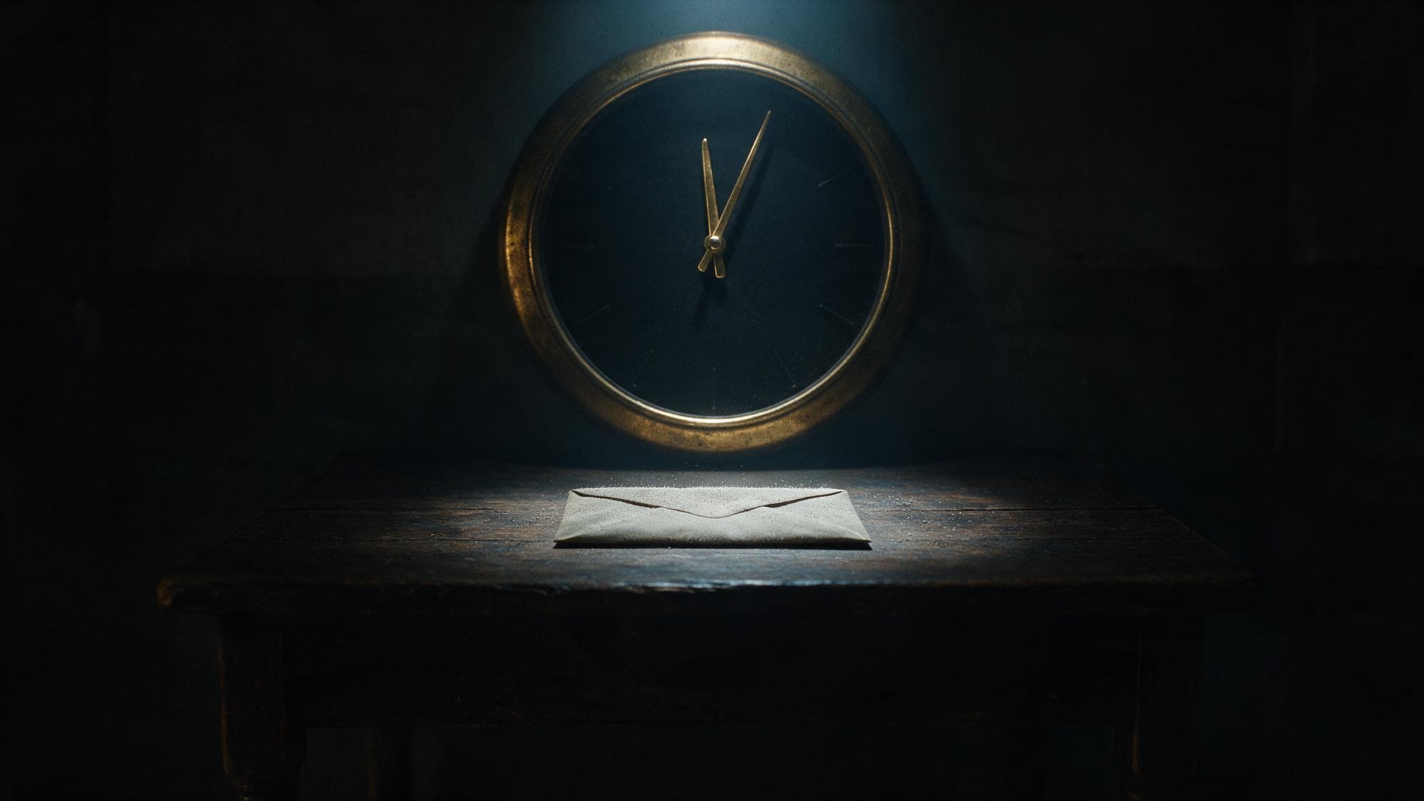 A sealed envelope gathering dust on a desk beneath a wall clock
