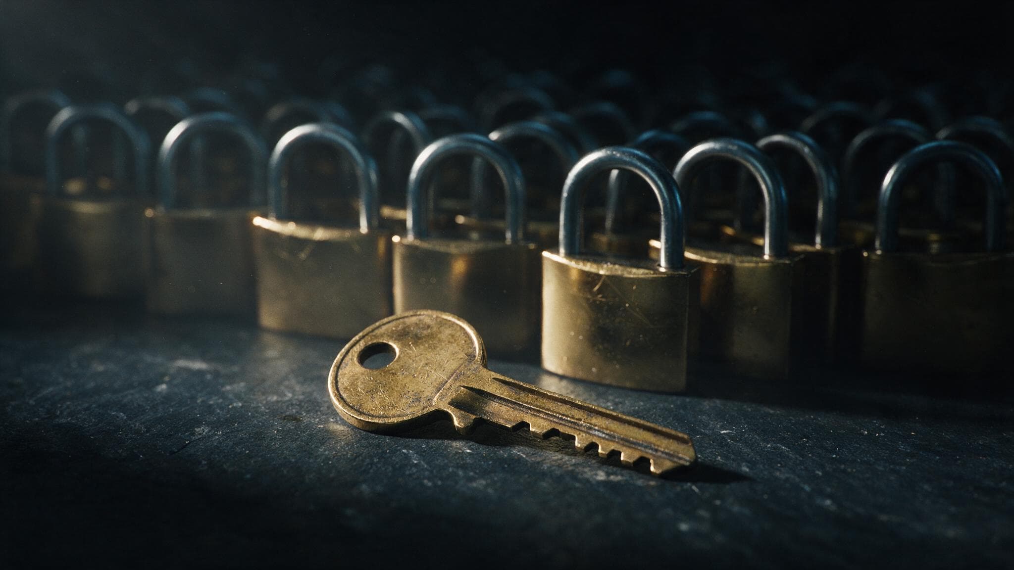 A single worn brass key on dark slate in front of a long row of identical padlocks