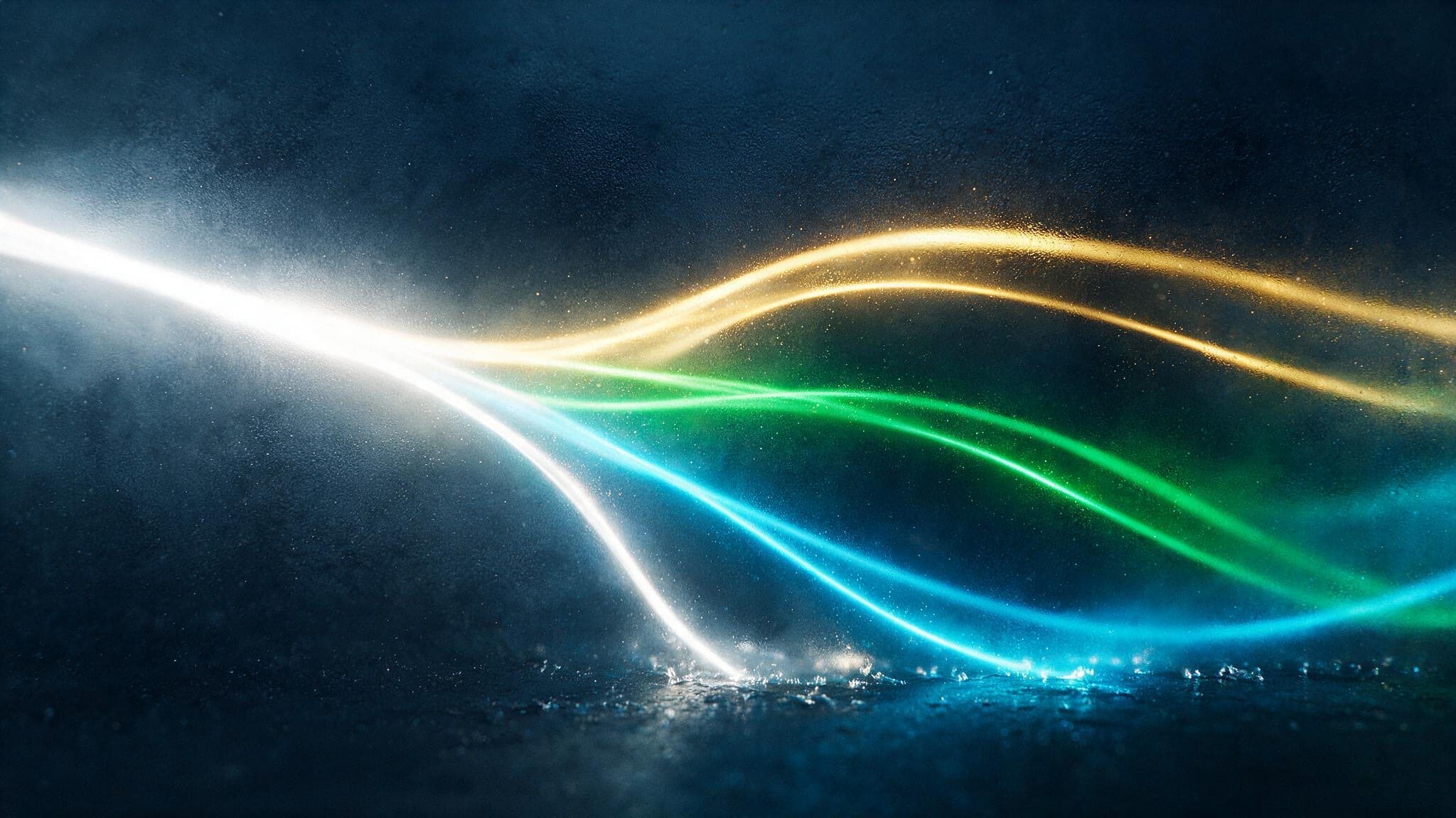 A single stream of light branching into three currency paths: gold, emerald and cyan