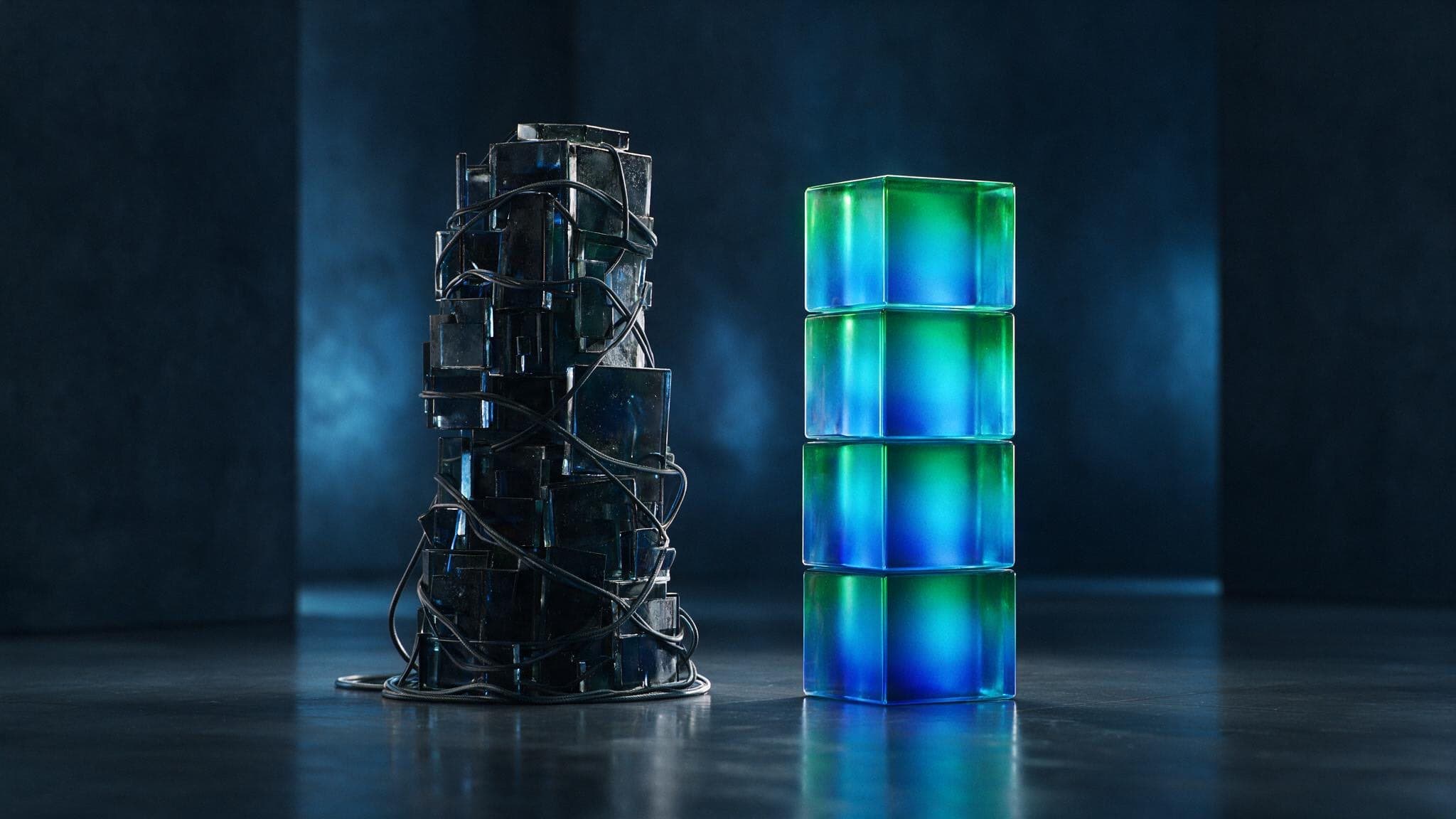 Two stacks side by side: a tangled tower of plugins and cables against a slim aligned set of composable blocks