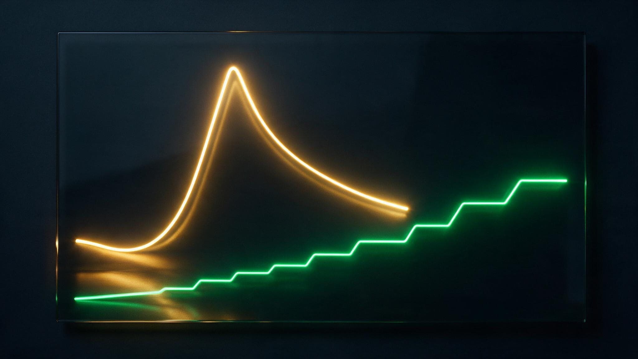 Two value curves in light: a one-off build spiking then decaying in gold, a maintained monthly site stepping steadily upward in emerald