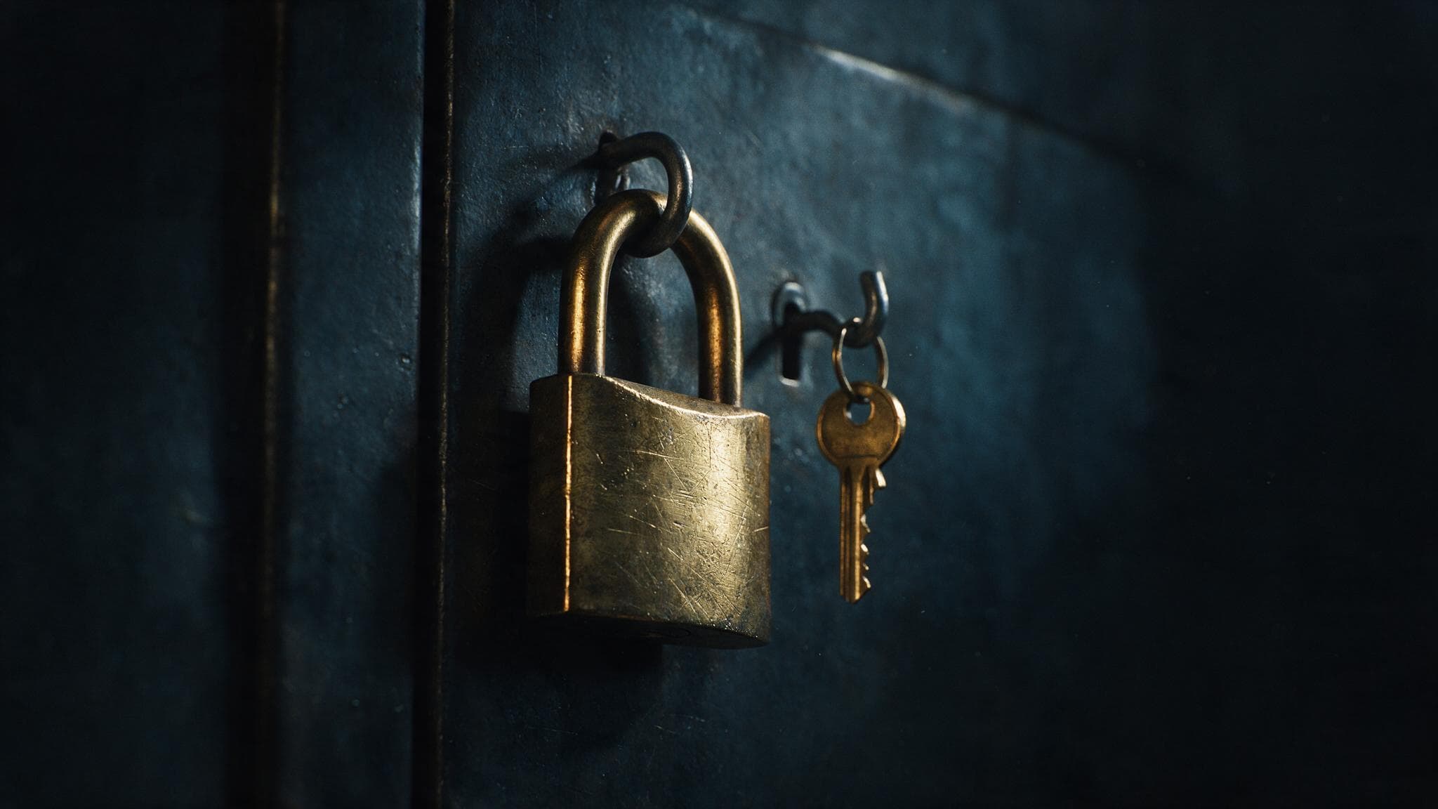 A padlock on a steel door with its own key hanging on a hook immediately beside it