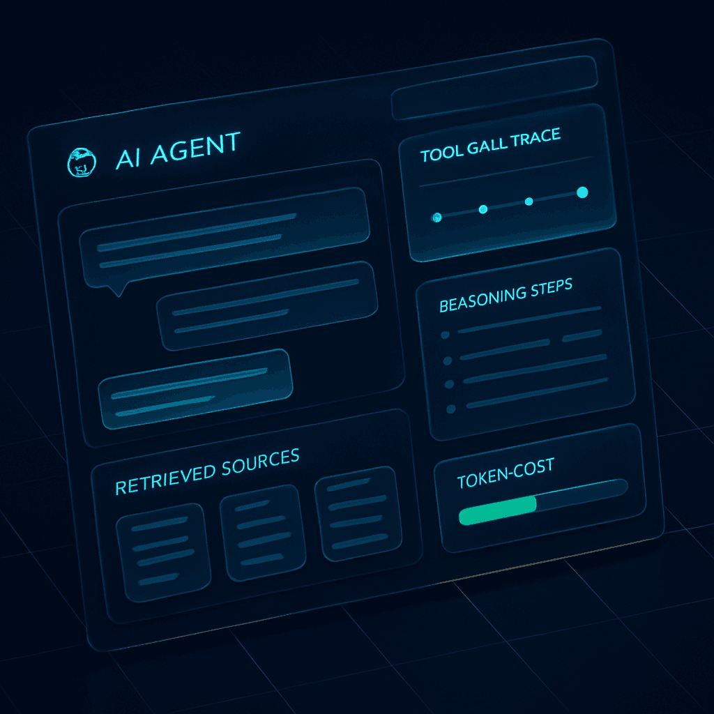AI agent console showing a chat conversation, tool-call trace and retrieved source citations