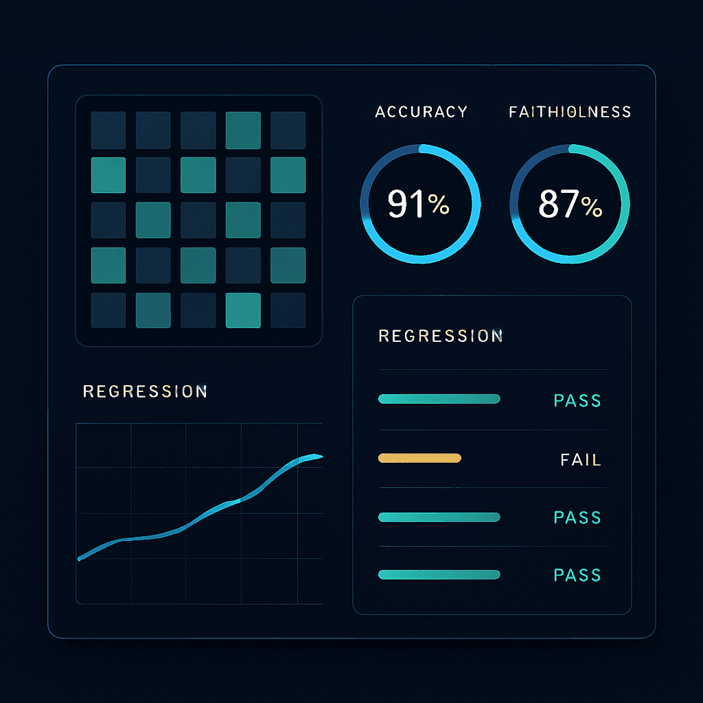 AI evaluation harness dashboard with test results, accuracy gauge and hallucination trend
