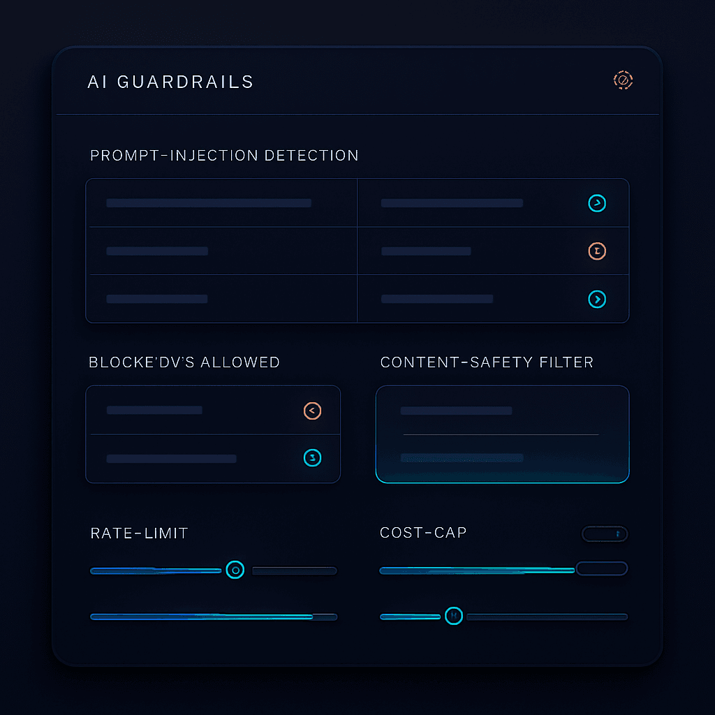 AI guardrails and prompt-firewall interface with injection detection log and cost caps