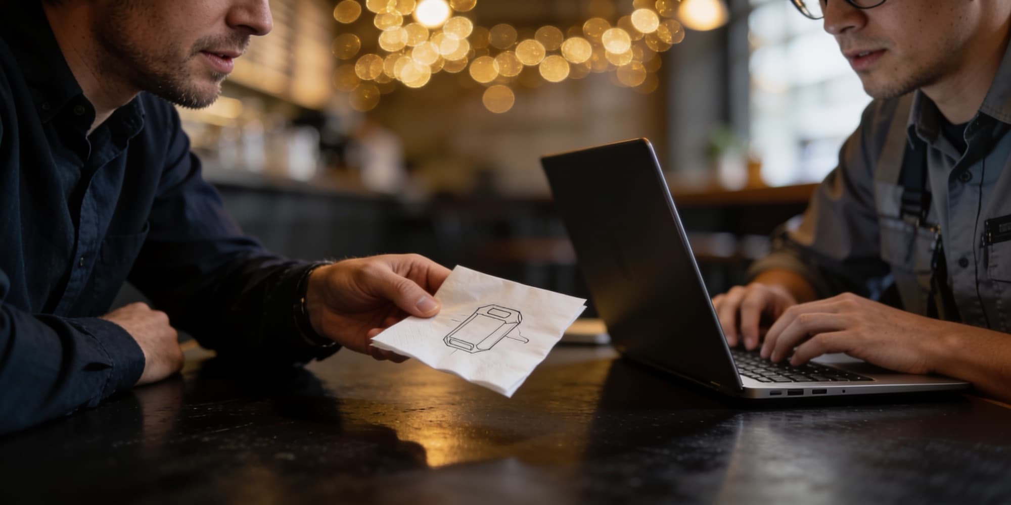 Founder sliding a napkin sketch of their AI idea across the table to an Oxwyn engineer