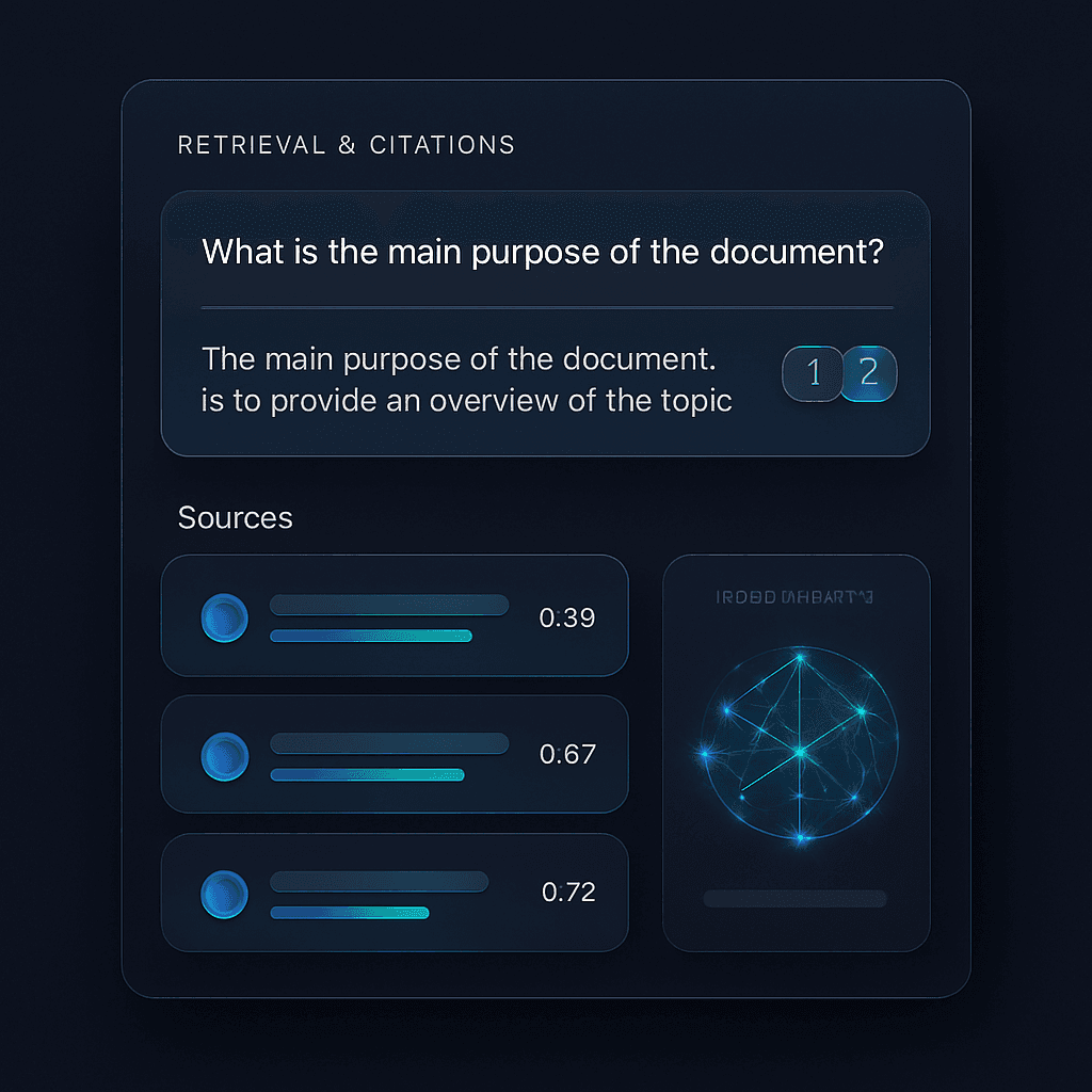 RAG retrieval interface with ranked document chunks, similarity scores and cited answer