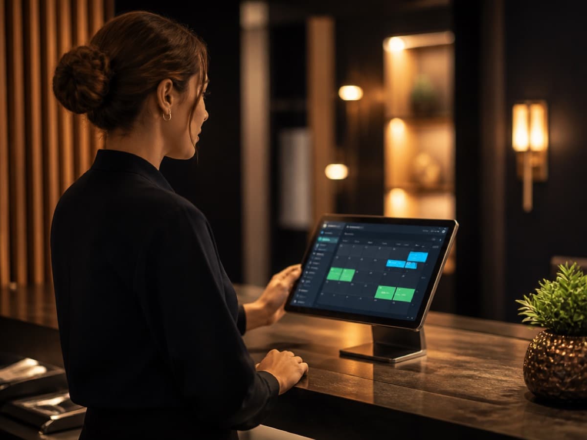 Receptionist using a custom booking dashboard at the front desk
