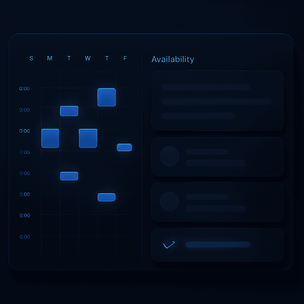 Custom booking and scheduling application showing a calendar grid with time slots, availability sidebar and appointment cards