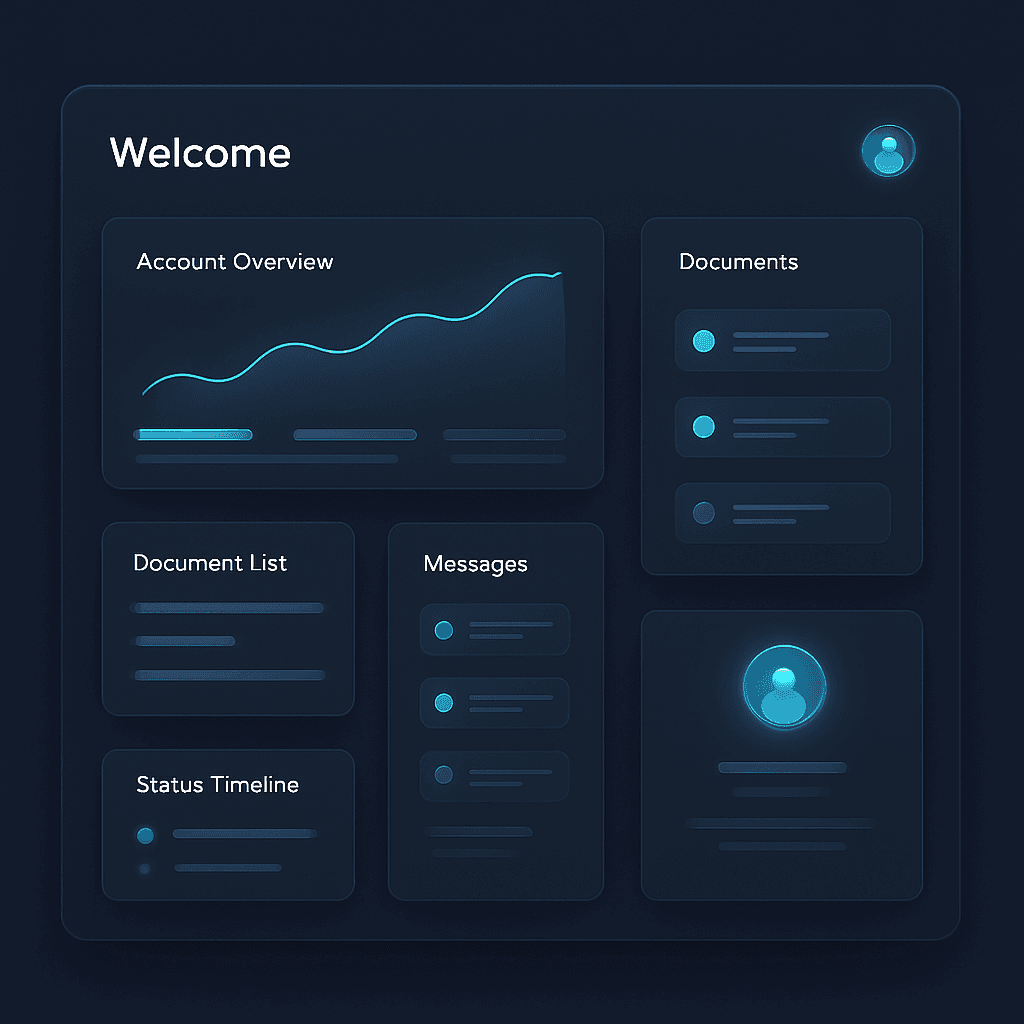 Custom client and staff portal interface showing account overview, document list, status timeline and messages