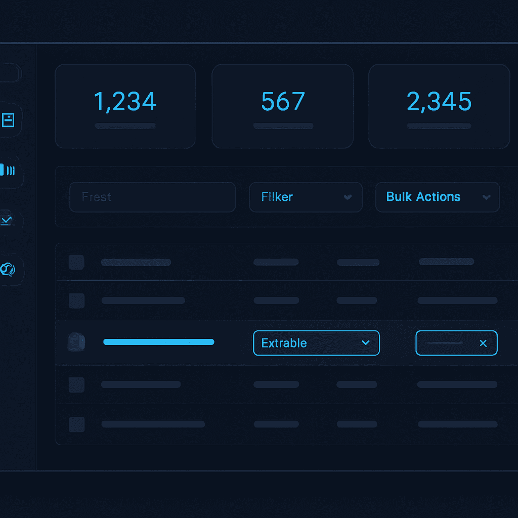 Custom internal business tool dashboard showing a data table with records, filters, bulk actions and a sidebar navigation