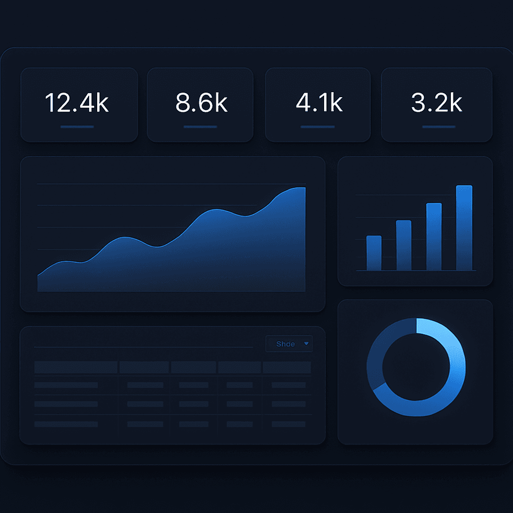 Custom reporting and analytics dashboard showing KPI cards, area chart, bar chart, donut chart and an exportable data table