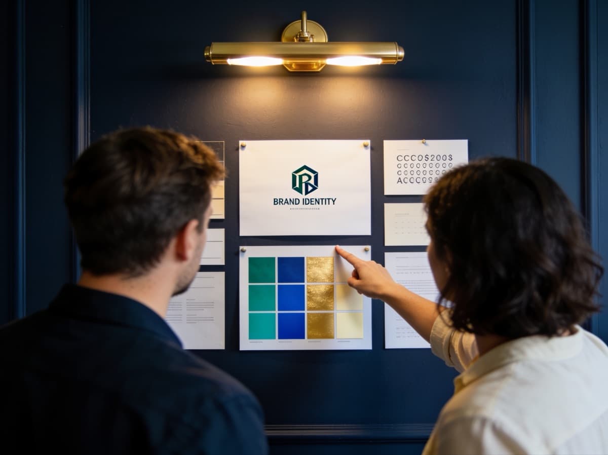 Designers reviewing the identity board: mark, typography and palette on the studio wall