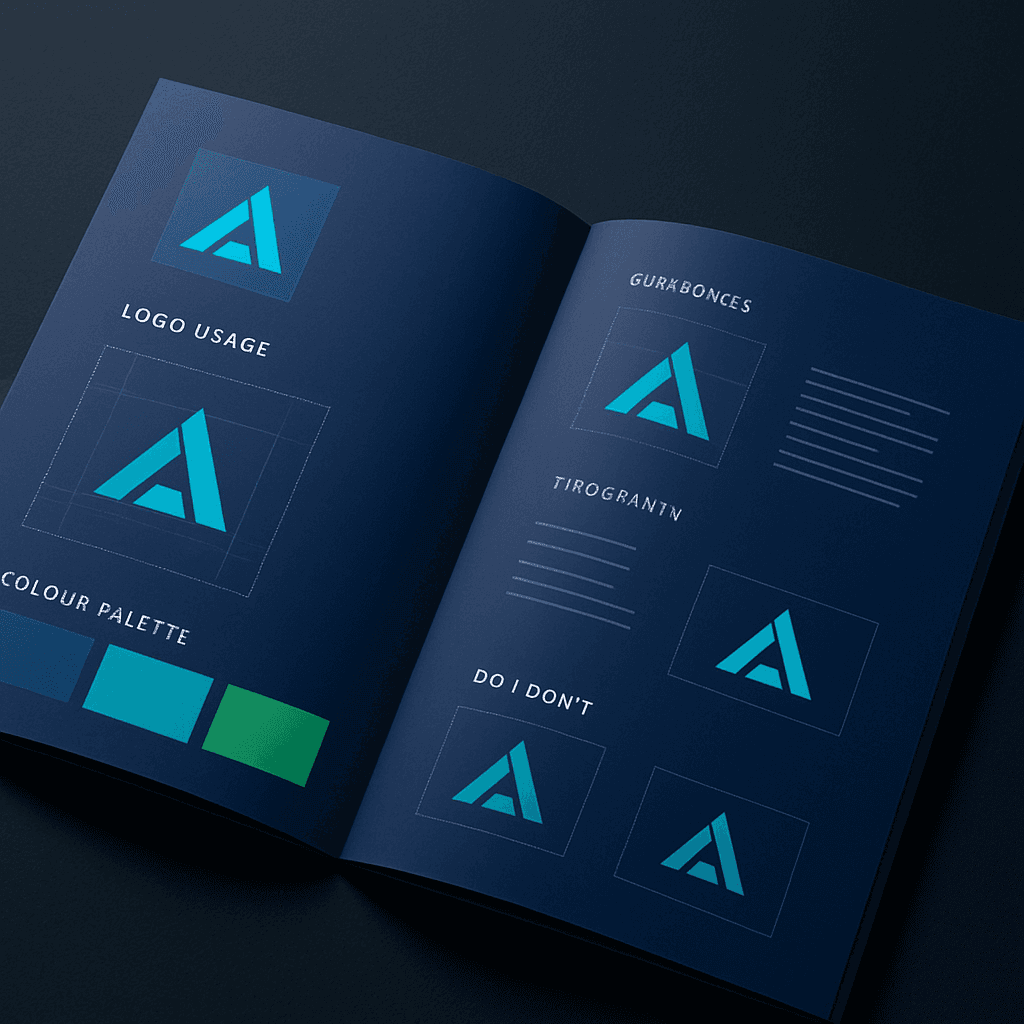 Brand guidelines document spread with logo rules, palette and typography