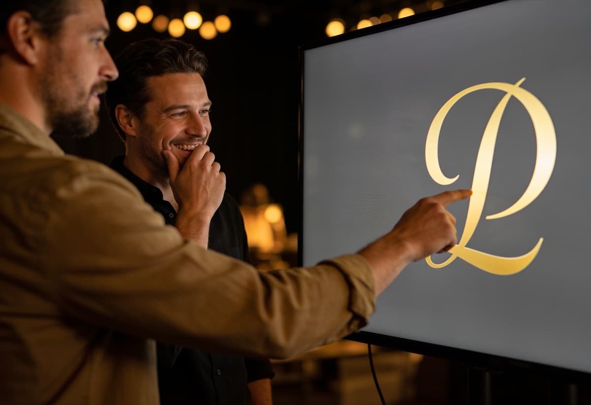 Founder seeing their new brand mark revealed on the studio screen
