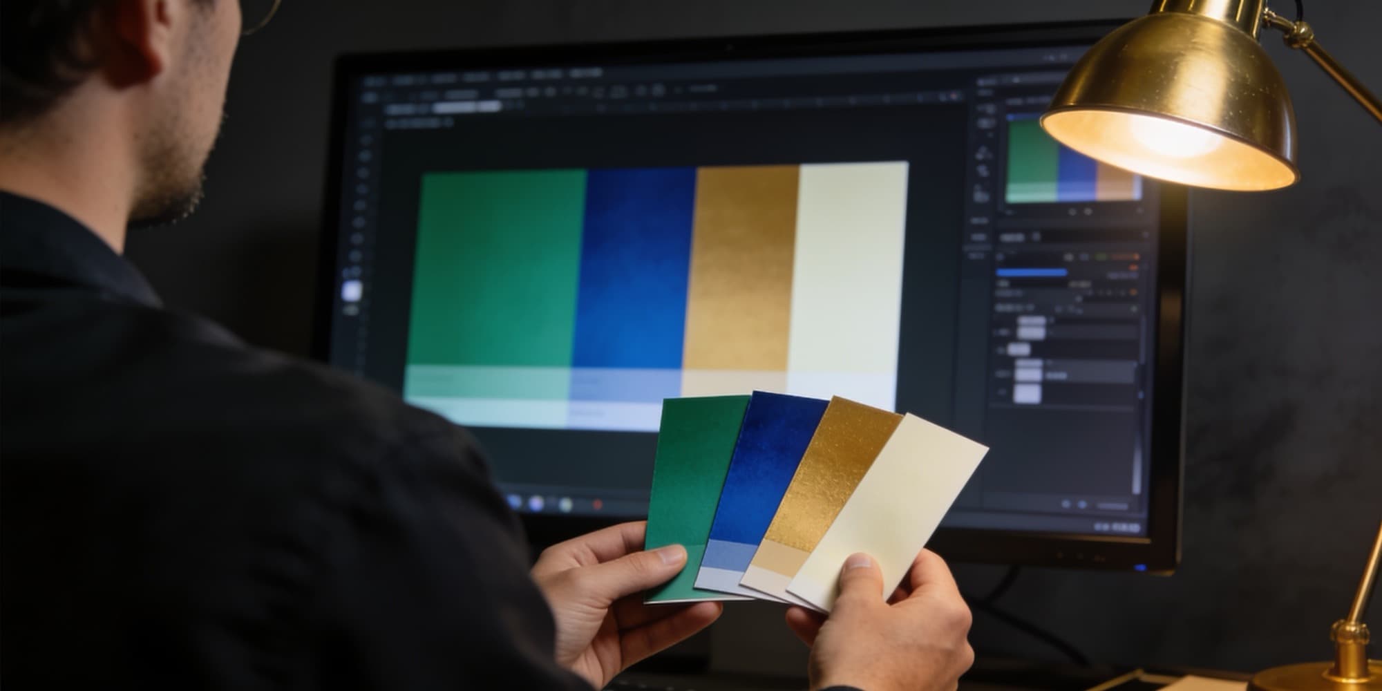 Designer matching physical colour swatches against the digital design system palette