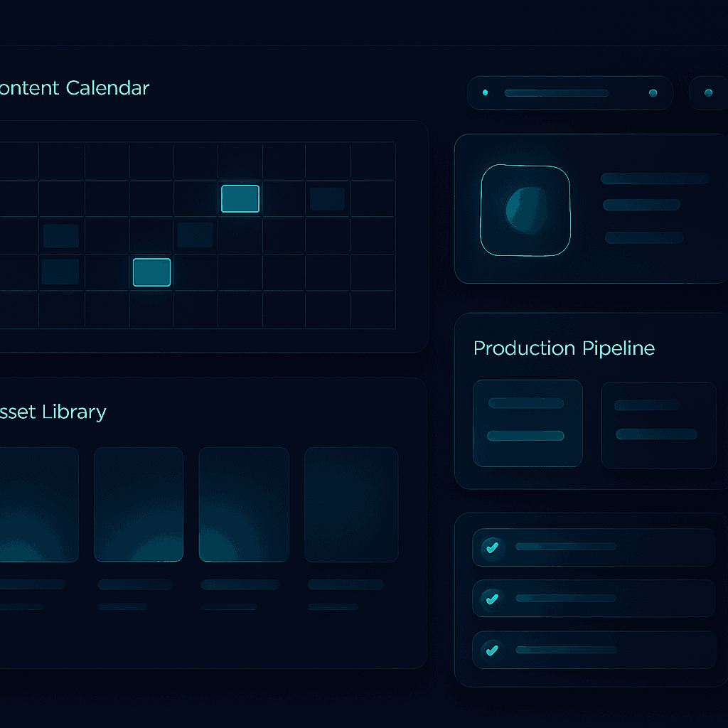 Content production system with a calendar, asset library and on-brand status badges