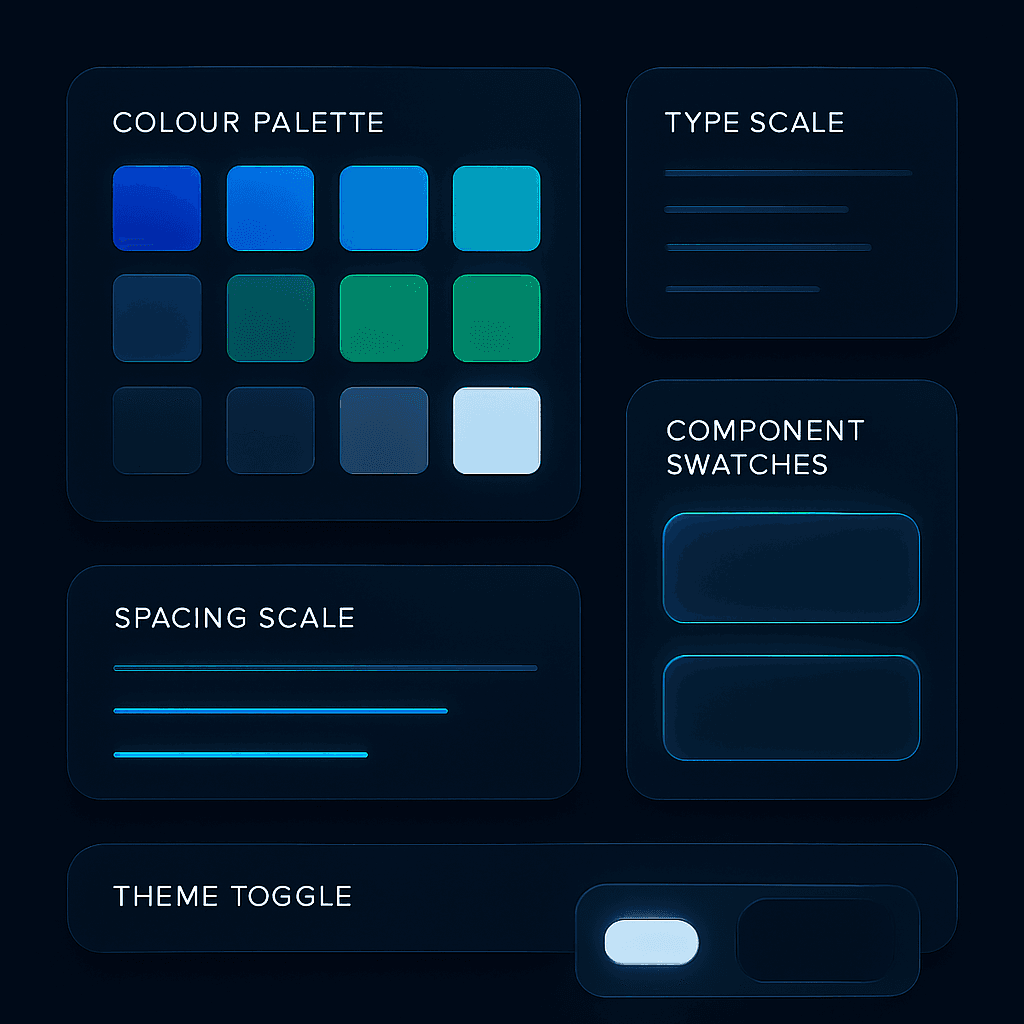 Design tokens and style system with colour palette, type scale and components