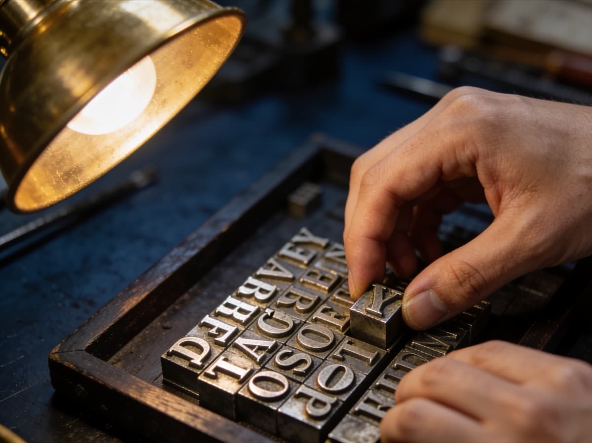 Hands setting metal letterpress type, the oldest form of brand typography