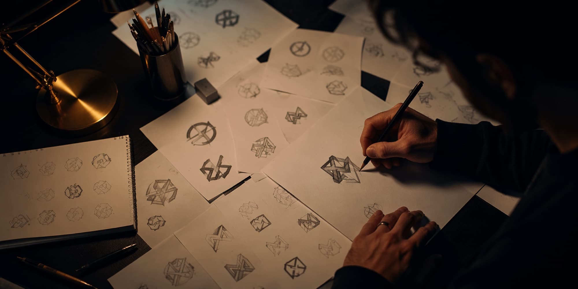Designer's desk covered in pencil logo explorations, one mark being refined