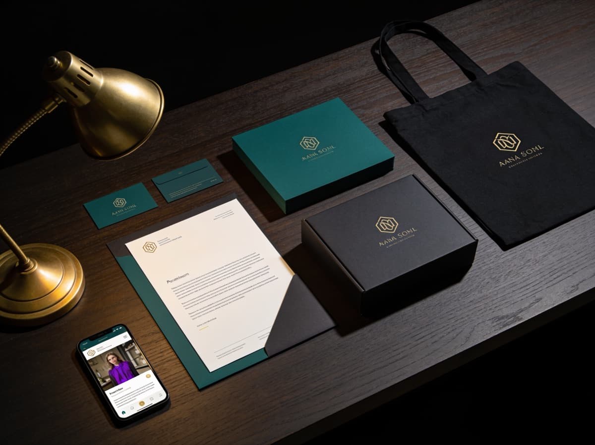 Business cards, brochure, packaging and website all sharing one coherent identity