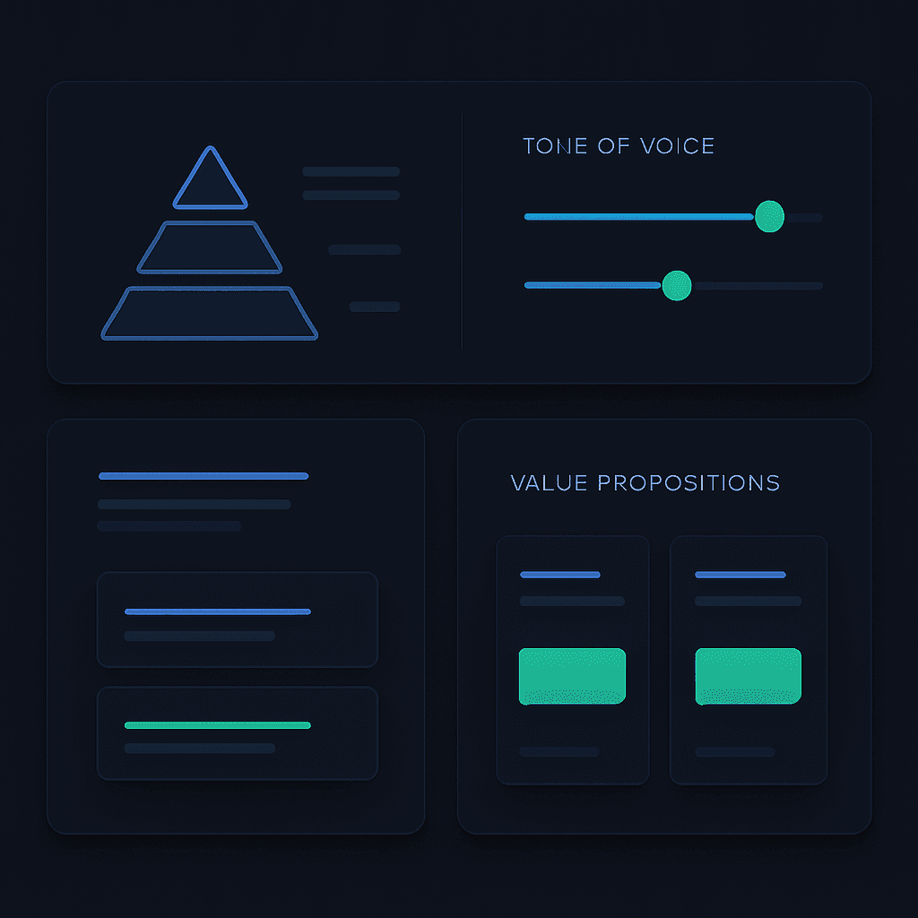 Brand voice and messaging document with a hierarchy pyramid and tone sliders
