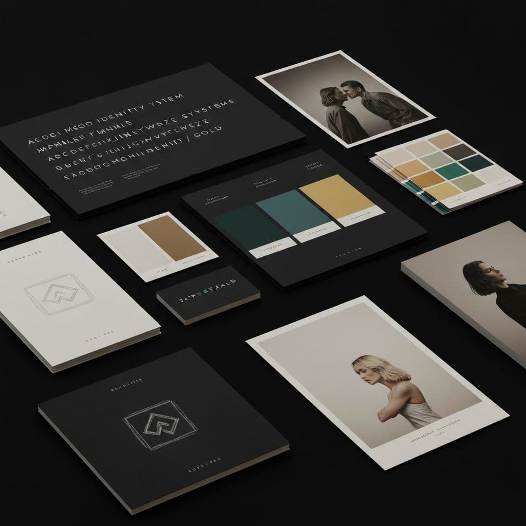 Premium dark brand moodboard with type and swatches