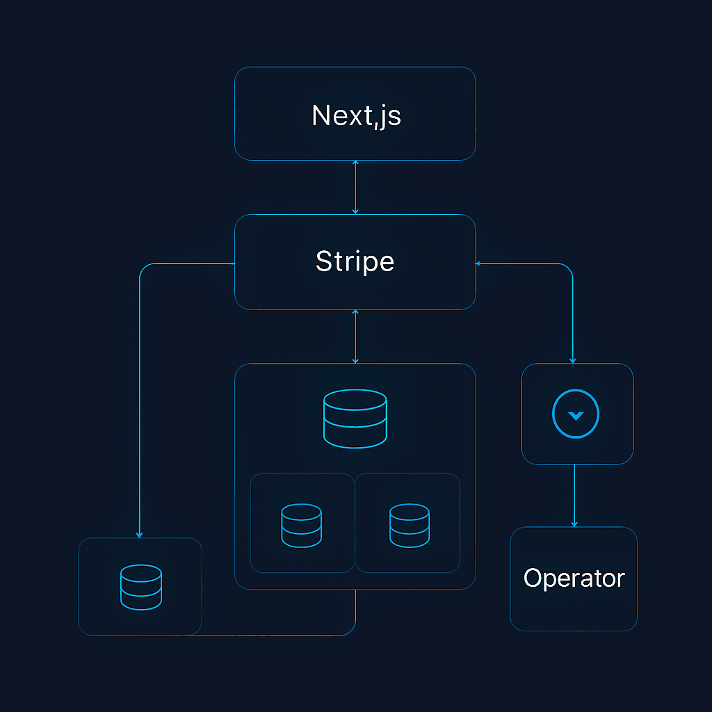 Headless commerce architecture diagram showing Next.js storefront, Stripe checkout, Postgres catalogue and orders database and webhook processing