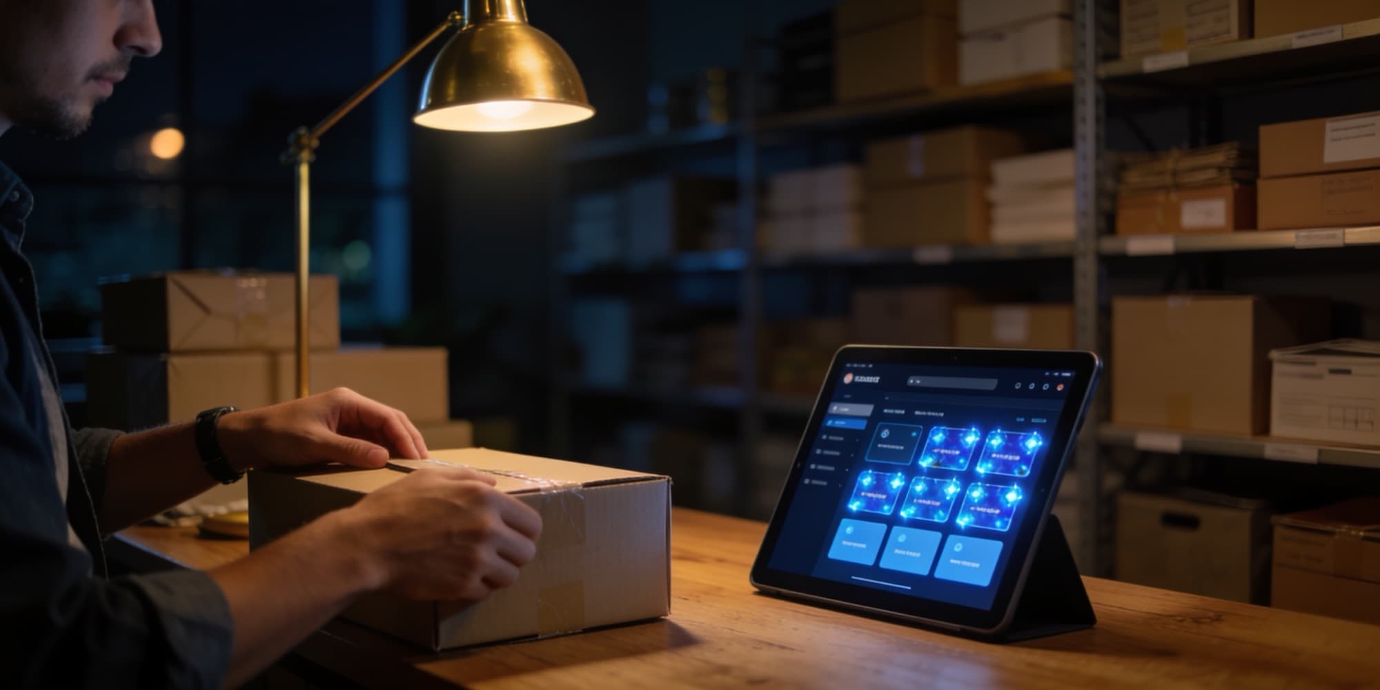 Shop owner packing an order beside a tablet running their own order dashboard
