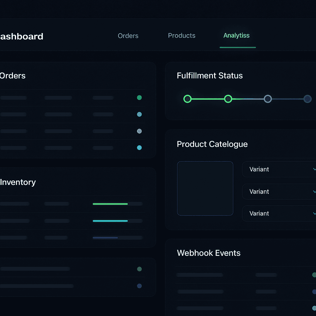 Ecommerce operator admin dashboard showing orders table, fulfilment pipeline, inventory management and webhook event log
