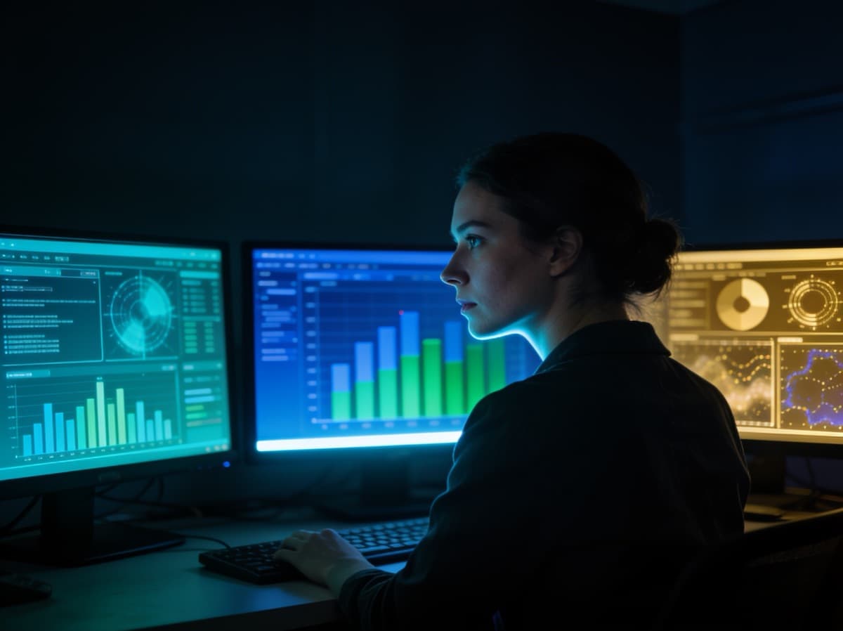 Analyst triangulating demand and visibility data across three monitors