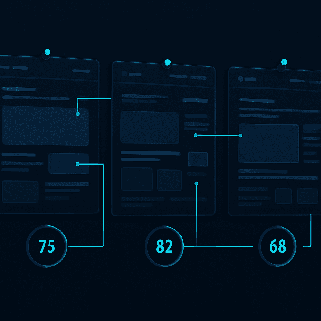 Competitor teardown board comparing three rival websites with annotations