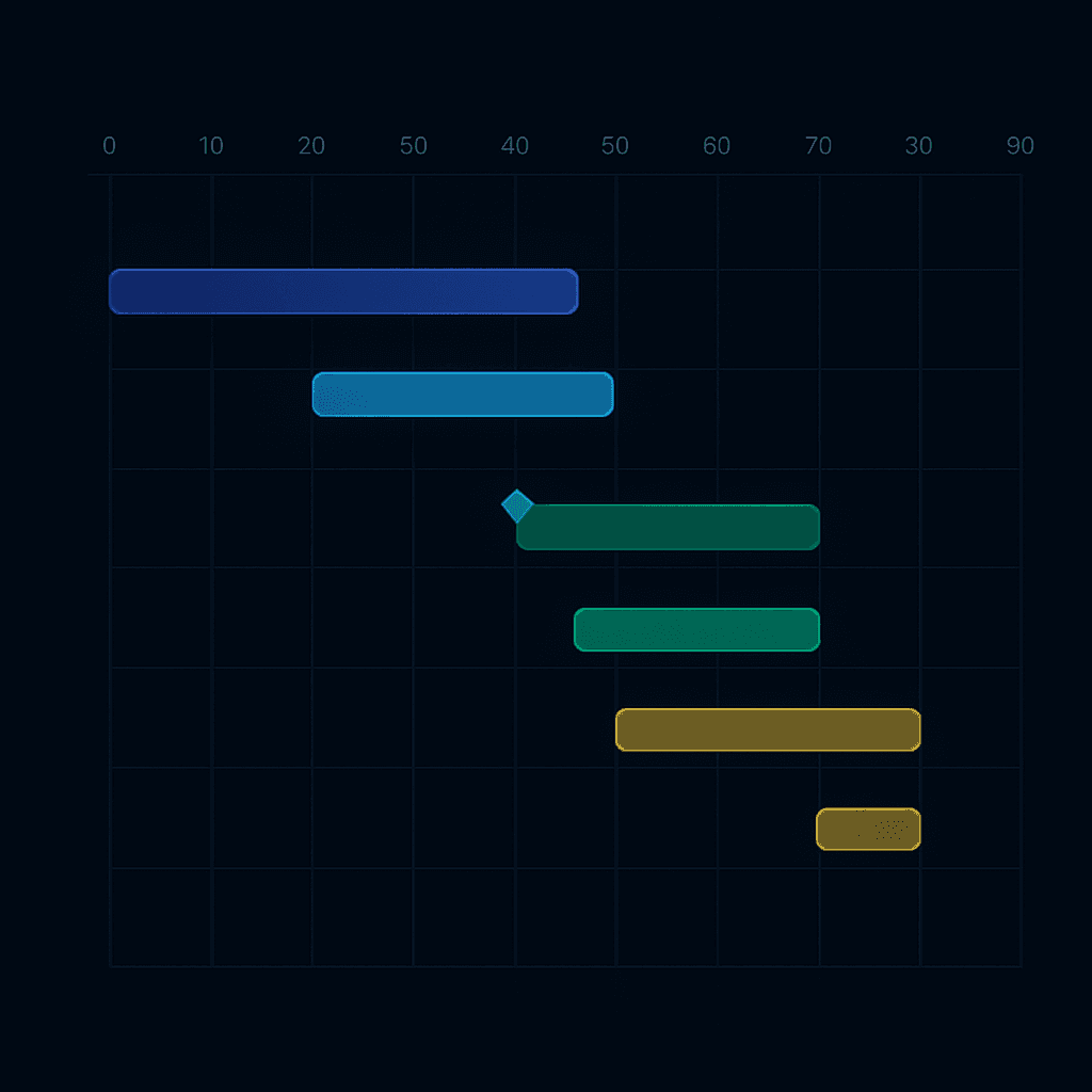 90-day delivery roadmap gantt chart with three phases