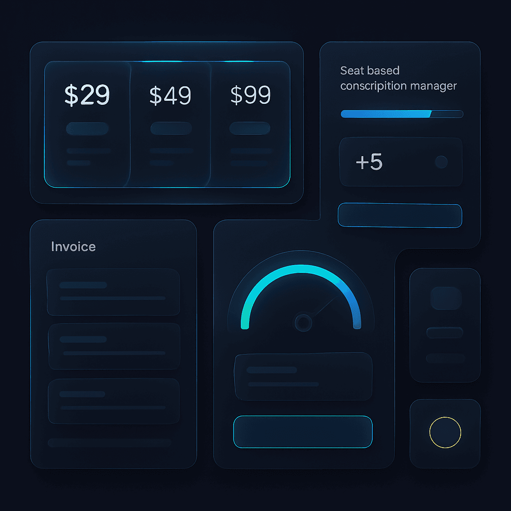 SaaS subscription billing interface with plan tiers, seats and metered usage