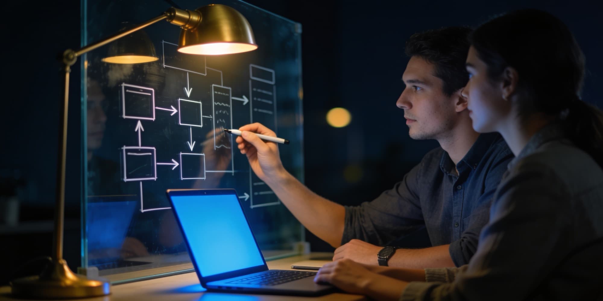Two founders sketching their product architecture on a glass whiteboard at night