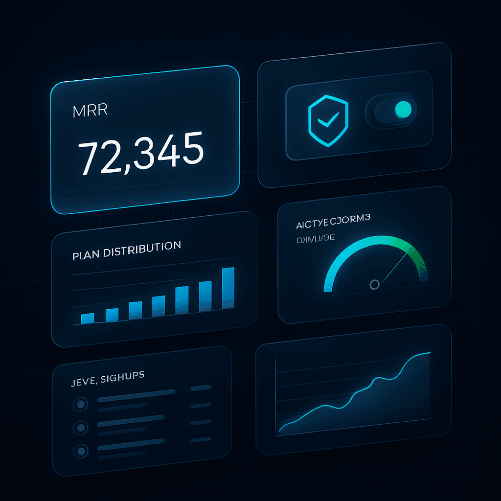 SaaS control plane dashboard showing MRR, active organisations and plan distribution