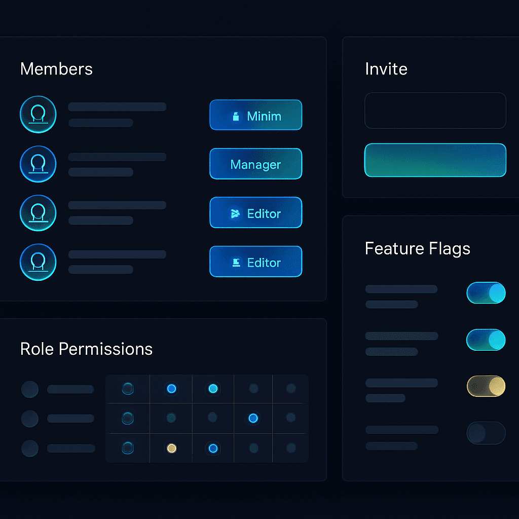SaaS teams and roles admin with member table, role badges and permission matrix