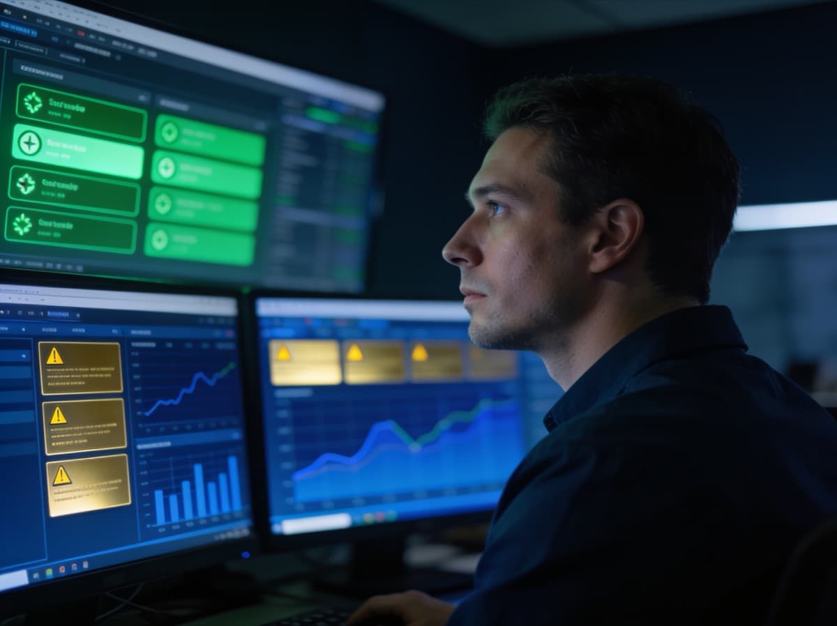 Security engineer watching live posture dashboards at a monitoring station