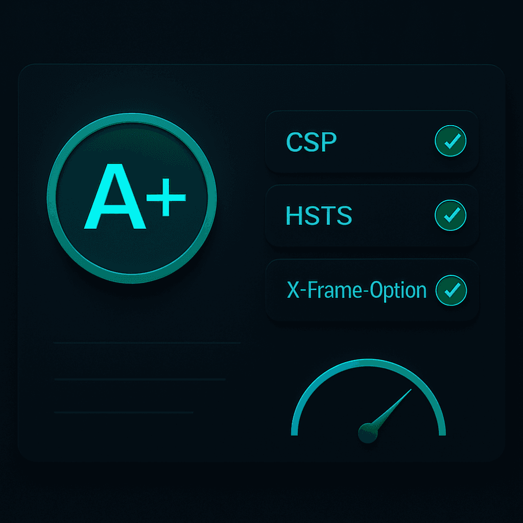 Security headers scan report showing an A-plus grade with CSP, HSTS and other headers passing