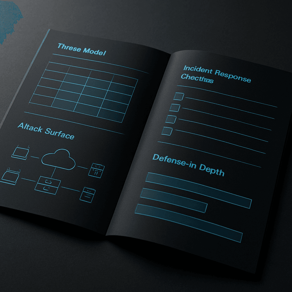 Printed threat-model and security operations runbook document with attack-surface diagram and incident response checklist