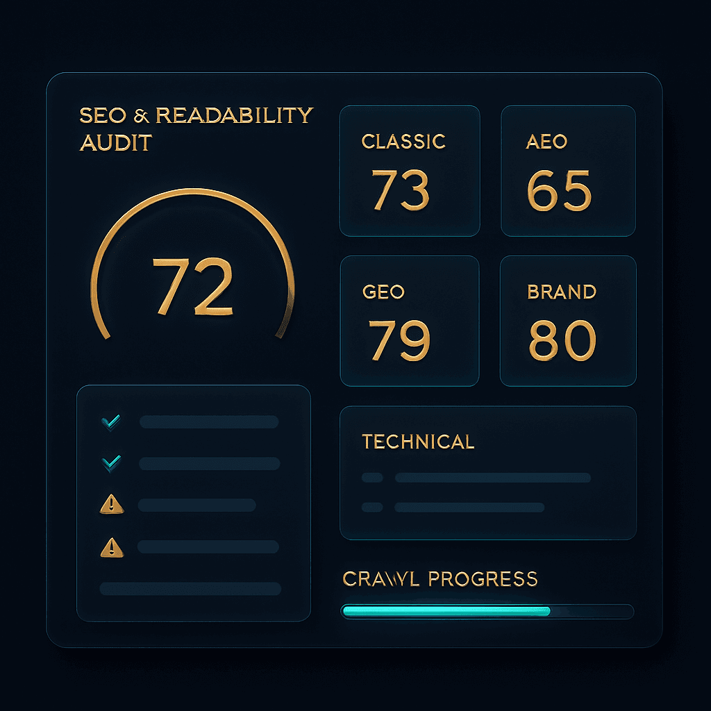 SEO and readability audit dashboard with category scores and a pass-fail checklist